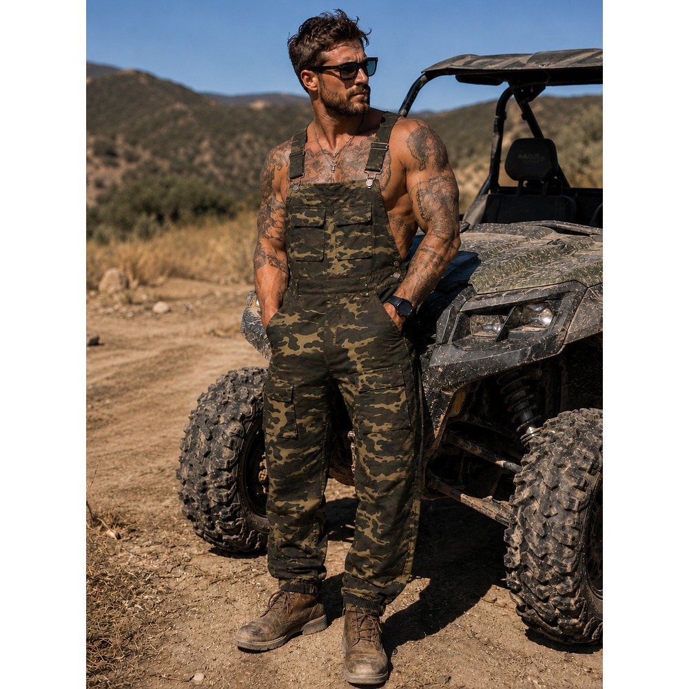 Mens Camouflage Bib Overalls Tactical Jogger Cargo Pants Woodland Camo XXL